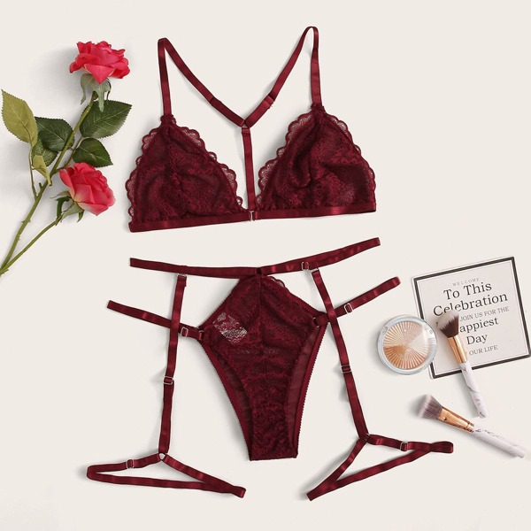

Floral Lace Lingerie Set With Garter, Burgundy