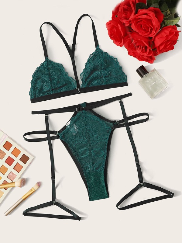

Floral Lace Garter Lingerie Set, Green