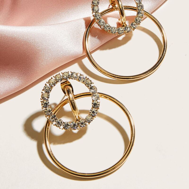 

1pair Rhinestone Engraved Double Hoop Earrings, Gold