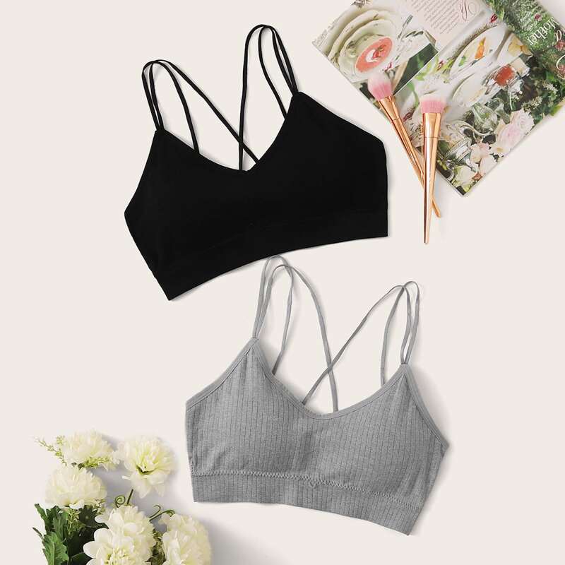 

2pack Rib Criss Cross Bra Set, Multicolor