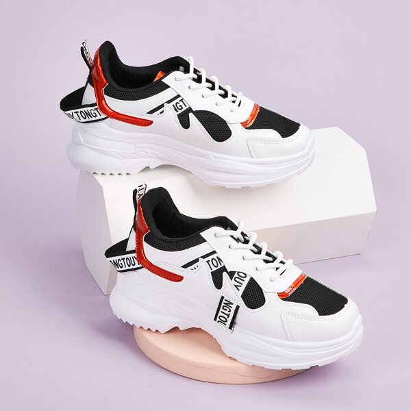 

Lace-up Front Mesh Panel Chunky Sneakers, White