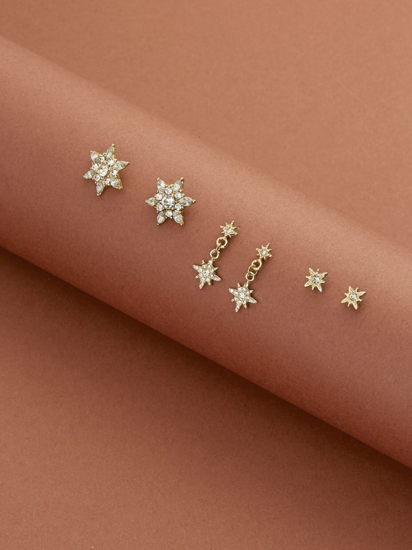 

3pairs Rhinestone Engraved Star & Snowflake Earrings, Gold
