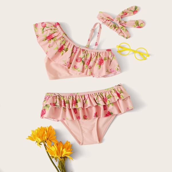 

Toddler Girls Floral Print Ruffle Trim Bikini Set & Headband, Pink