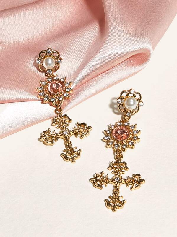 

1pair Faux Pearl & Flower Decor Cross Drop Earrings, Gold