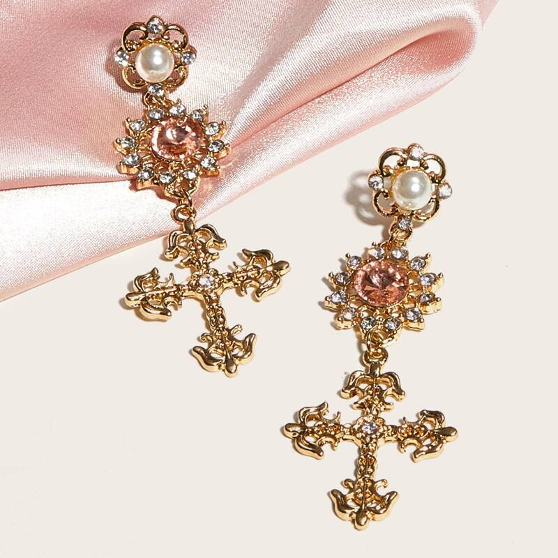 

1pair Faux Pearl & Flower Decor Cross Drop Earrings, Gold