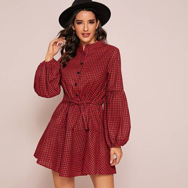 

Bishop Sleeve Flippy Hem Knotted Gingham Shirt Dress, Red