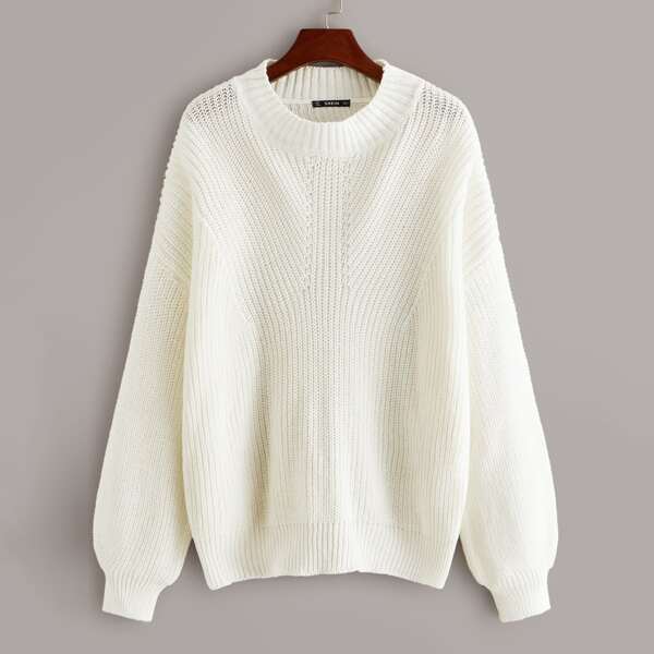 

Drop Shoulder Lantern Sleeve Oversized Sweater, White