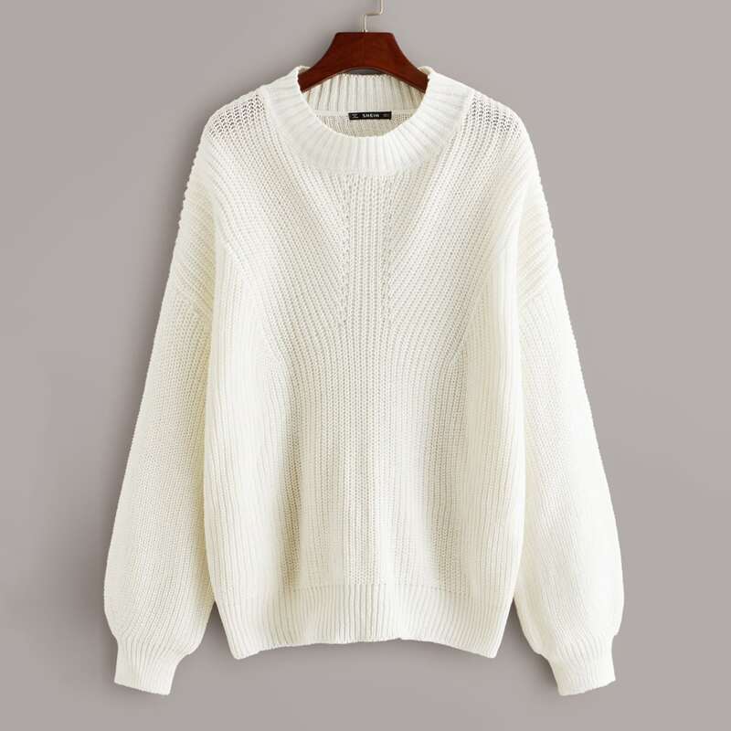 

Drop Shoulder Lantern Sleeve Oversized Sweater, White