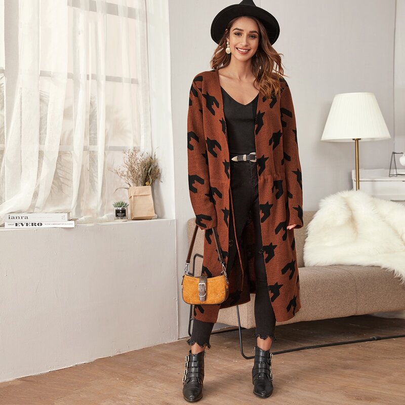 

Open Front Drawstring Houndstooth Longline Cardigan, Brown