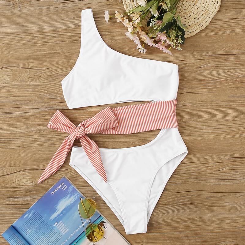 

Striped Tie Waist One Shoulder One Piece Swimsuit, White