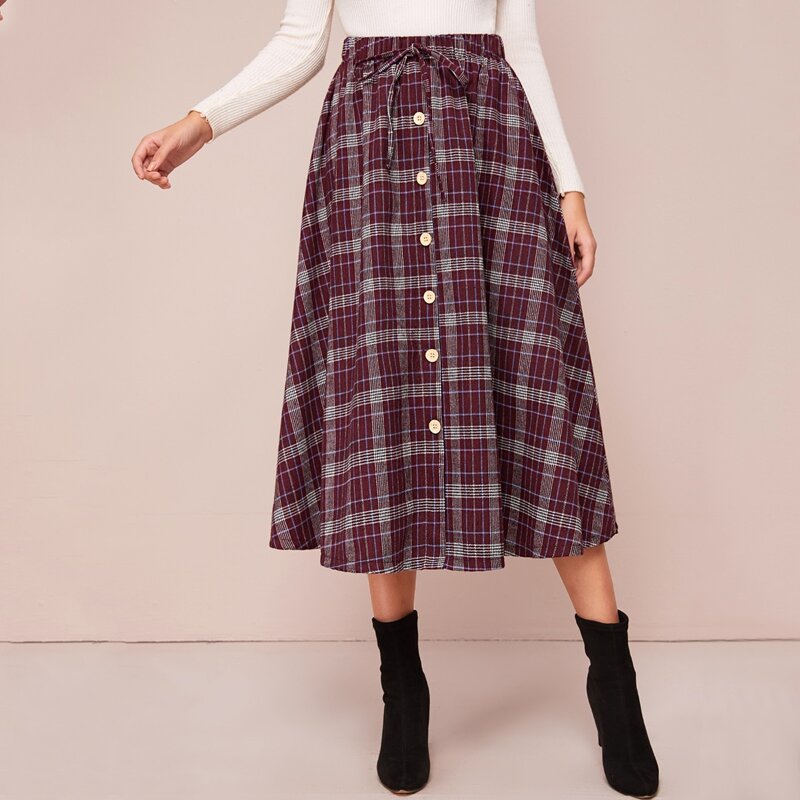 

Plaid Drawstring Waist Button Front Skirt, Burgundy