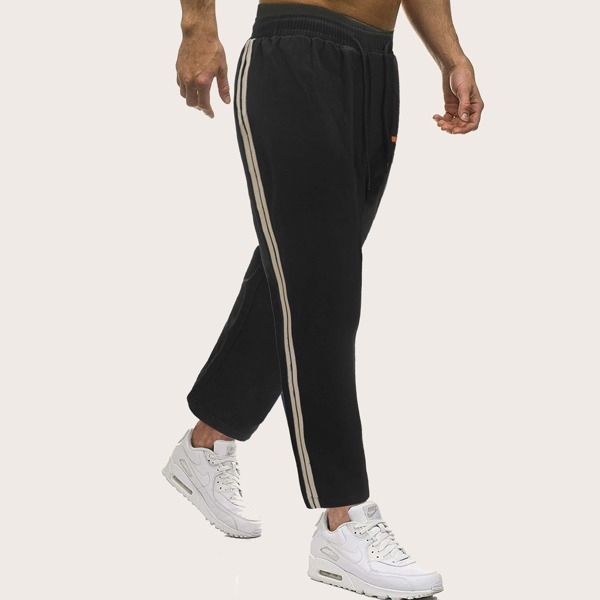

Men Side Stripe Drawstring Straight Leg Pants, Black