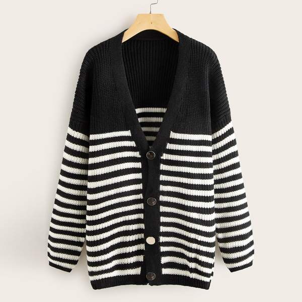 

Striped Button Through V-Neck Cardigan, Black and white