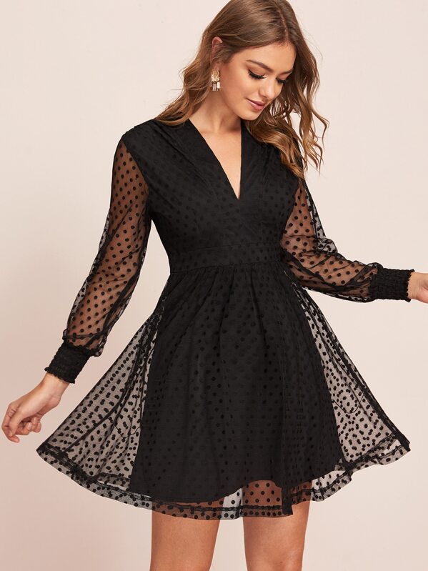 

Contrast Dobby Mesh V-neck A-line Dress, Black, Luiza