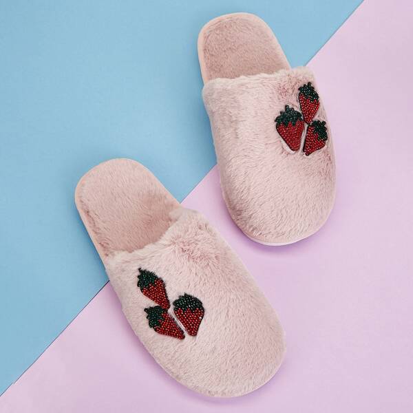 

Faux Fur Rhinestone Decor Slippers, Pink