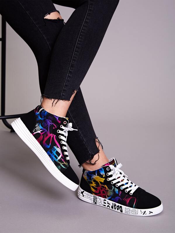 

Lace-up Front Letter Graphic Sole Sneakers, Multicolor