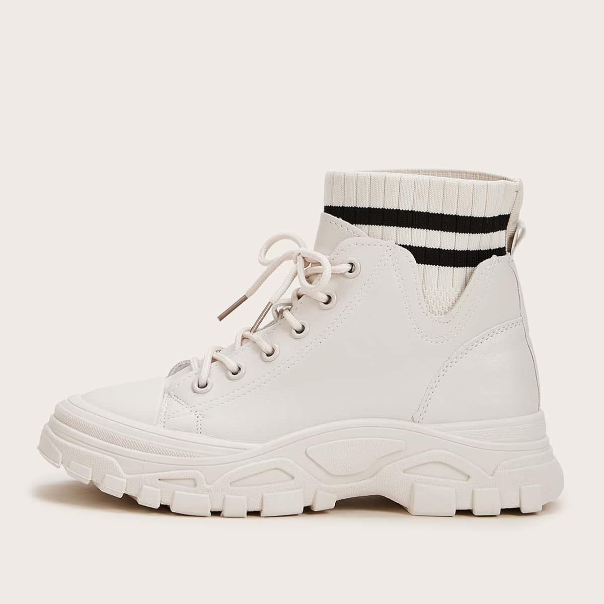 

Striped Knit Panel Lace-up Front Boots, Beige