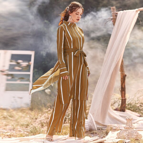 

Striped Self Tie Split Hem Longline Shirt, Camel