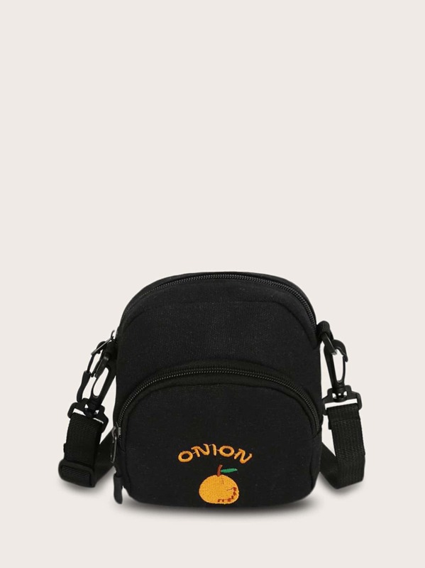

Girls Letter & Fruit Embroidered Crossbody Bag, Black