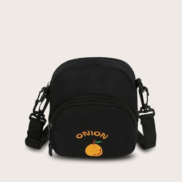 

Girls Letter & Fruit Embroidered Crossbody Bag, Black