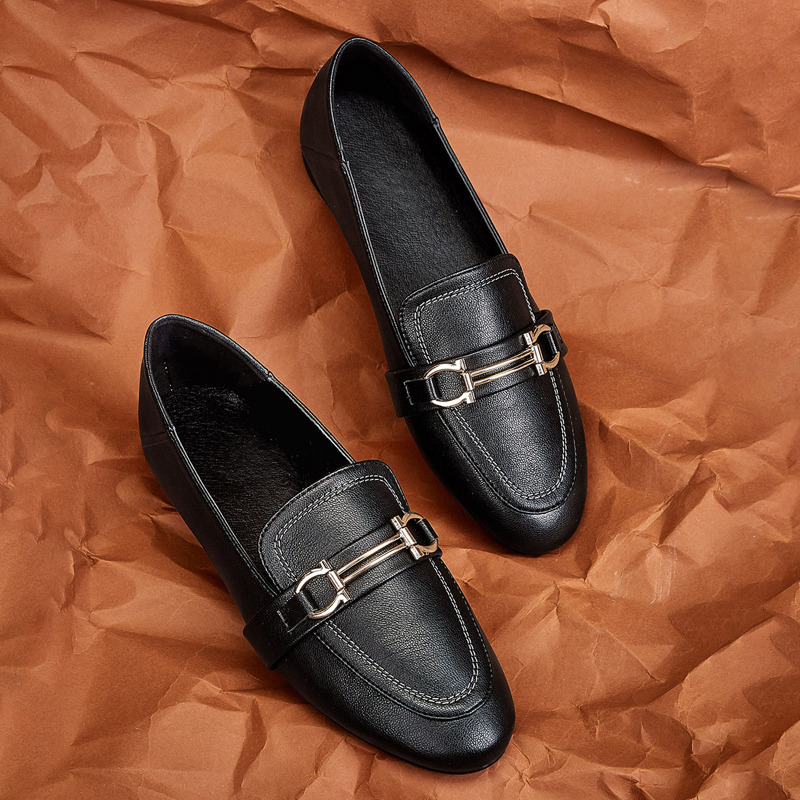 

Metal & Stitch Detail Flat Loafers, Black