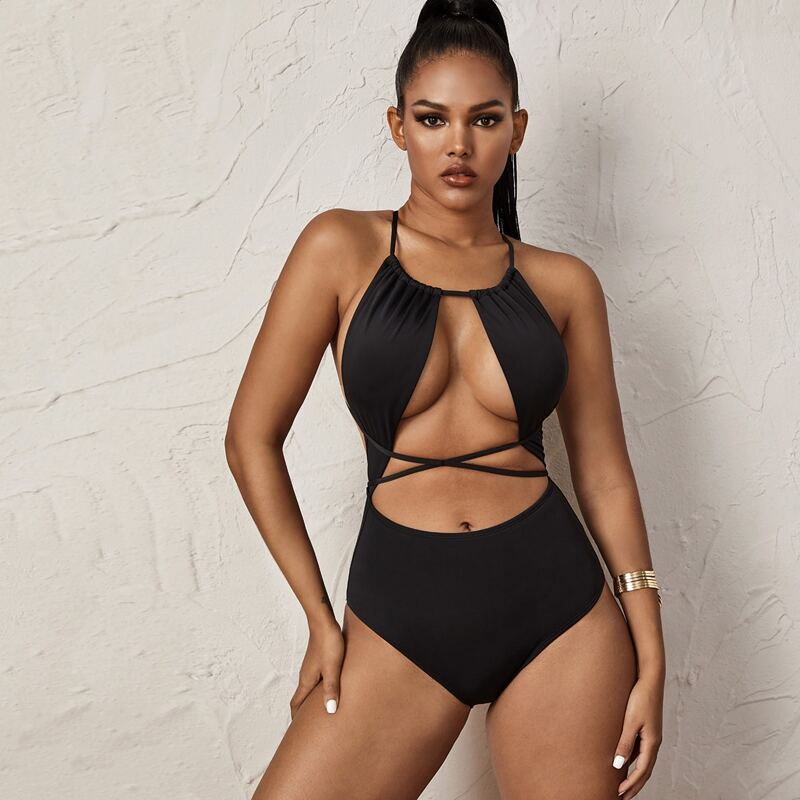 

Cut-out Criss Cross Halter One Piece Swimwear, Black