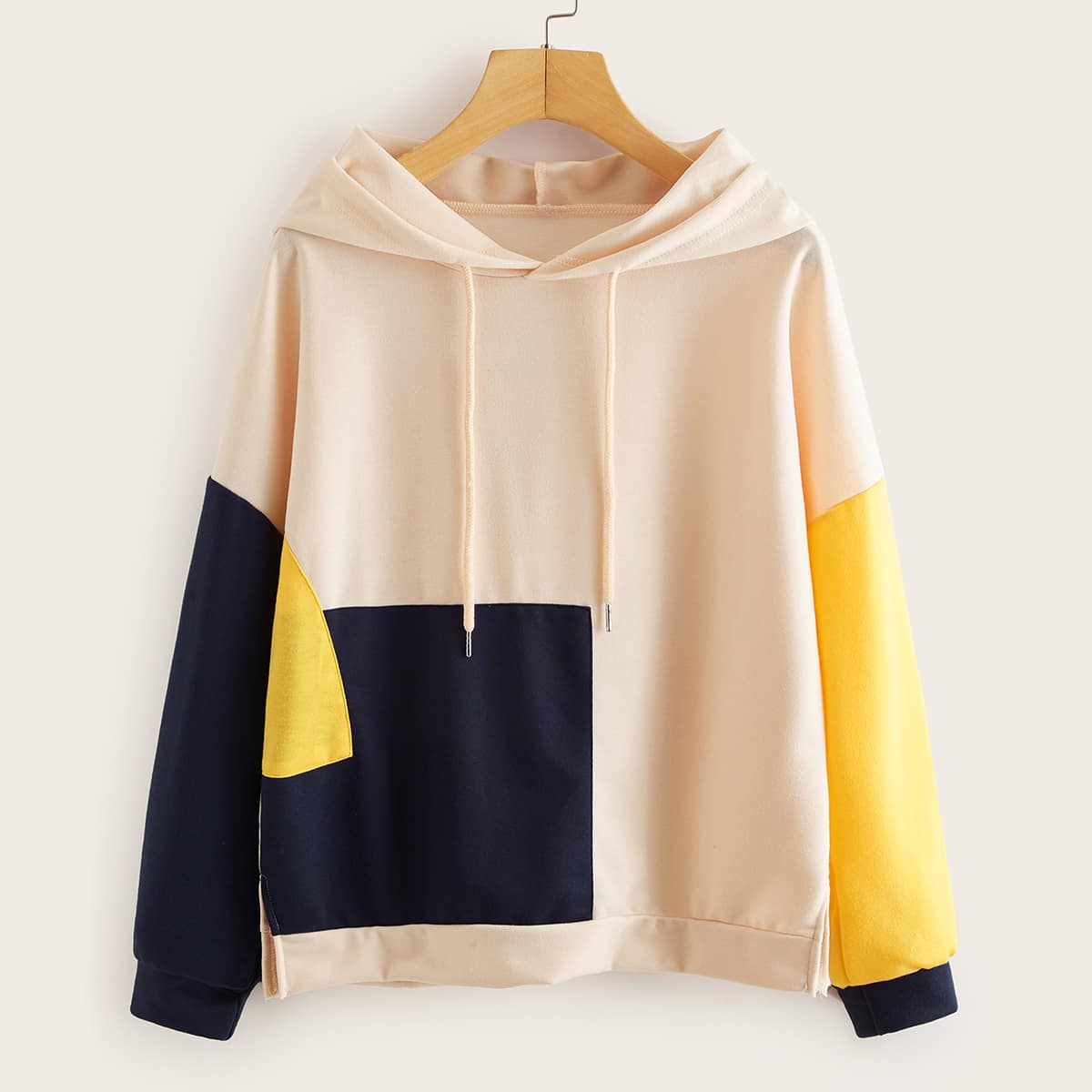 

Contrast Panel Split Side Drawstring Hoodie, Multicolor