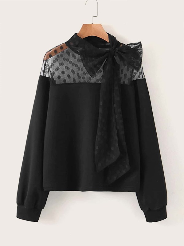 

Mesh Panel Big Bow Sweatshirt, Black