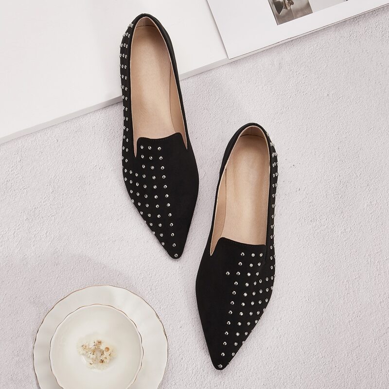 

Studded Decor Point Toe Flat Loafers, Black