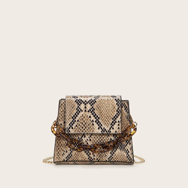 

Tortoiseshell Chain Decor Snakeskin Chain Bag, Multicolor