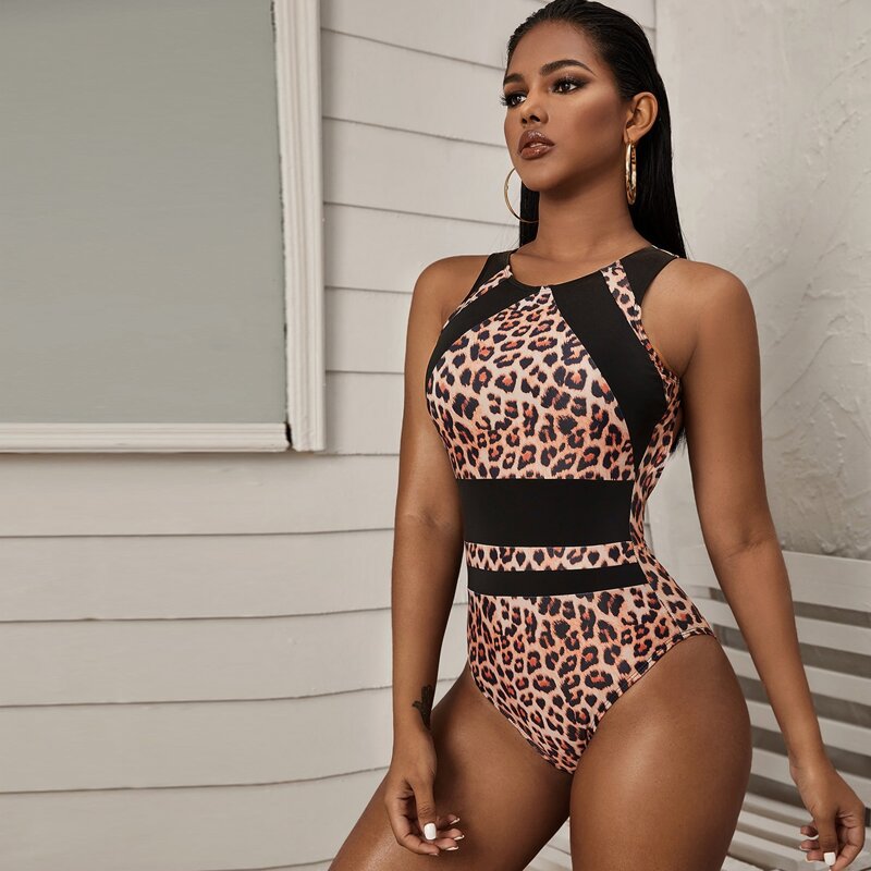 

Leopard Open Back One Piece Swimsuit, Multicolor