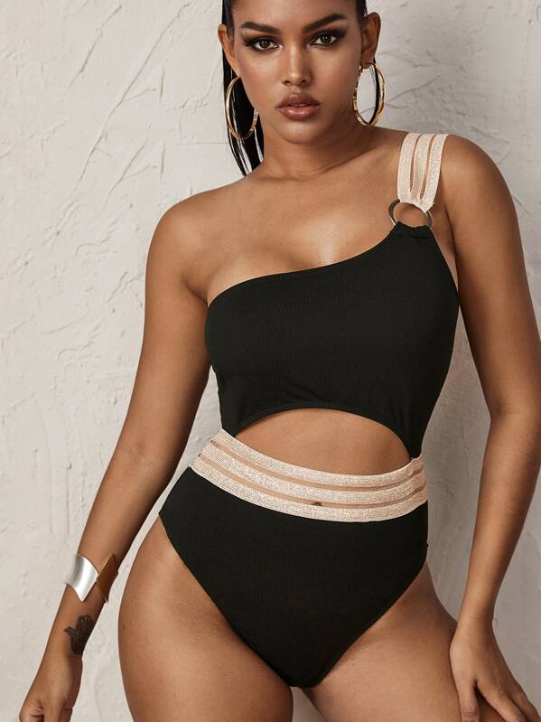 

Rib Contrast Mesh Cut-out One Piece Swimwear, Black, Tina