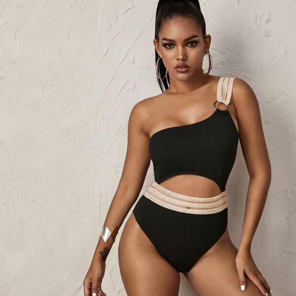

Rib Contrast Mesh Cut-out One Piece Swimsuit, Black