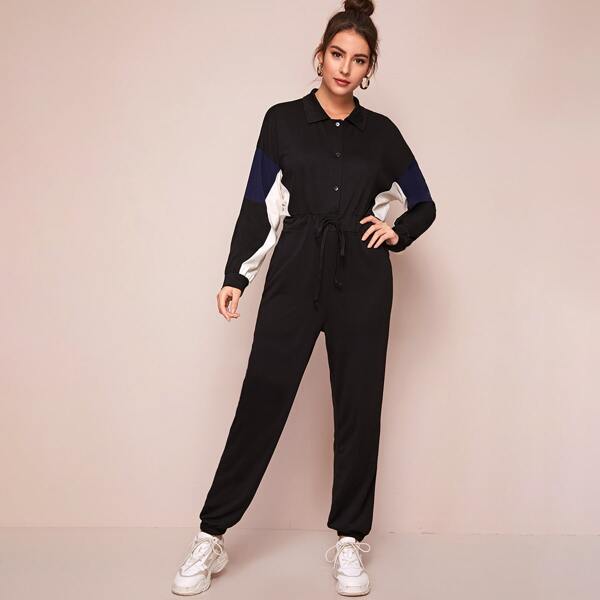 

Contrast Panel Drawstring Waist Jumpsuit, Black