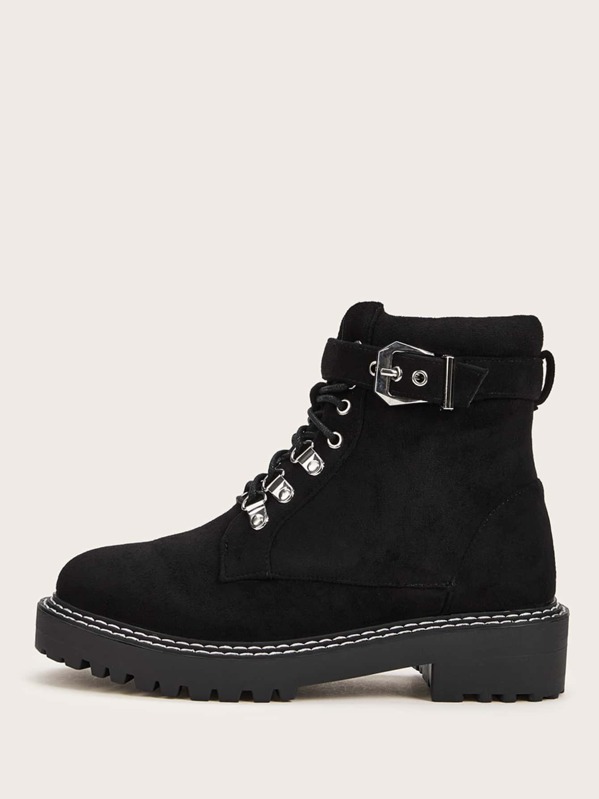 

Buckle Decor Lace-up Front Boots, Black