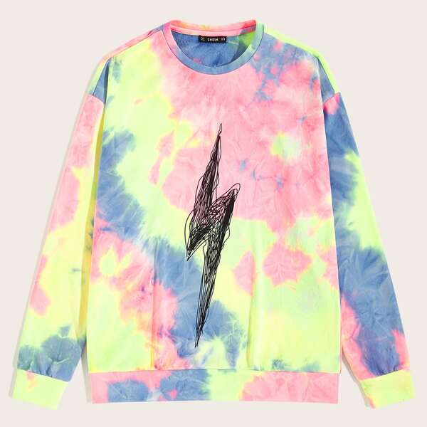 

Men Lightning Print Tie Dye Pullover, Multicolor
