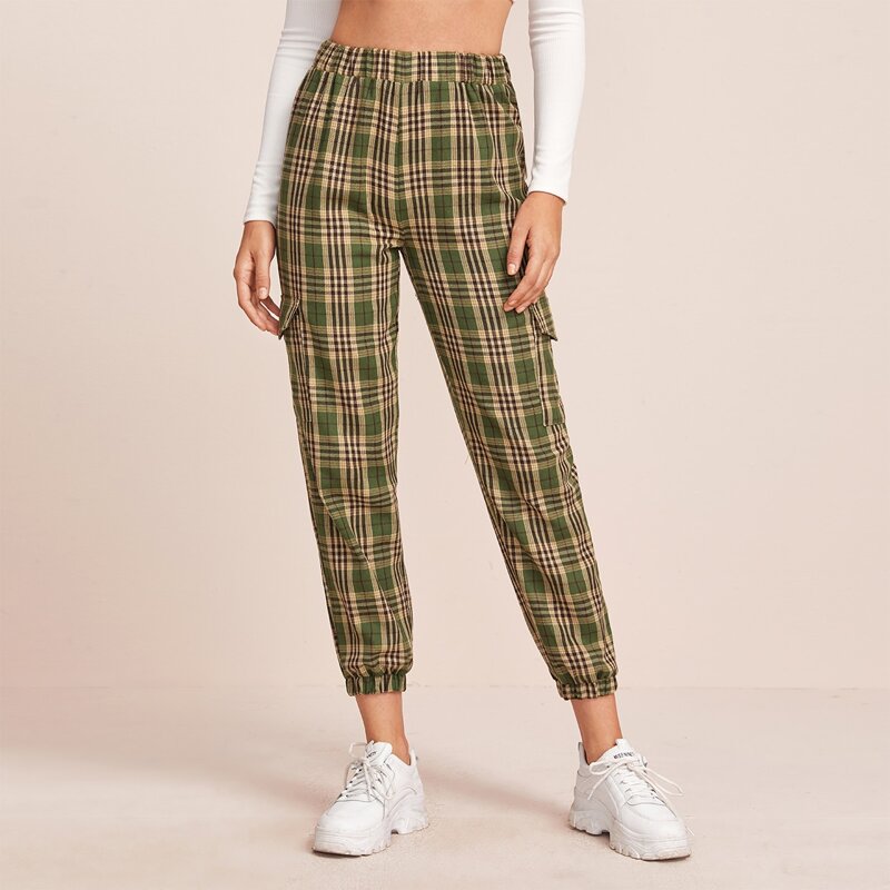

Plaid Print Flap Pocket Joggers, Multicolor
