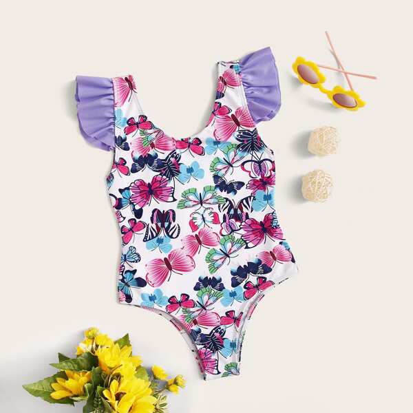 

Toddler Girls Butterfly Ruffle Trim One Piece Swimwear, Multicolor