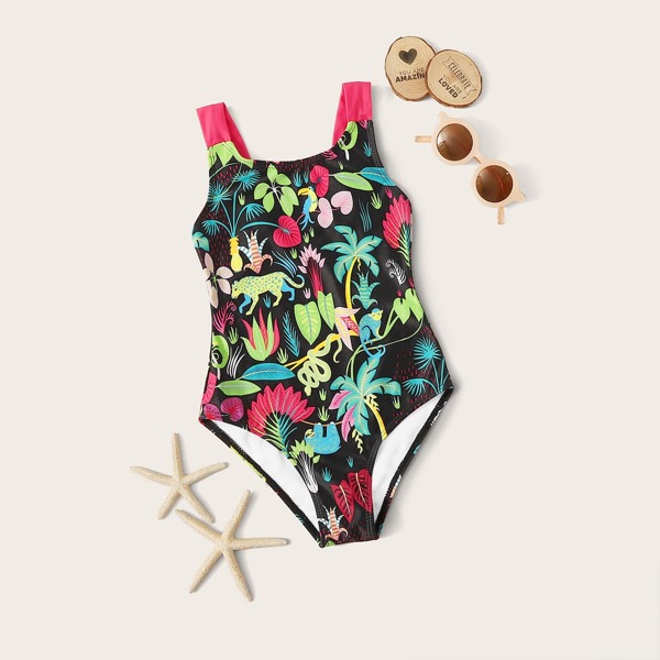 

Toddler Girls Cartoon Graphic One Piece Swimwear, Multicolor