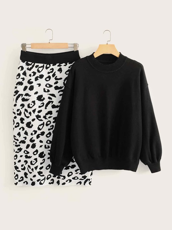 

Drop Shoulder Solid Sweater & Leopard Sweater Skirt, Black and white