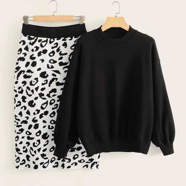 

Drop Shoulder Solid Sweater & Leopard Sweater Skirt, Black and white