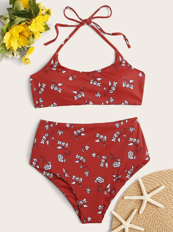 

Floral Random Print High Waist Bikini Set, Red
