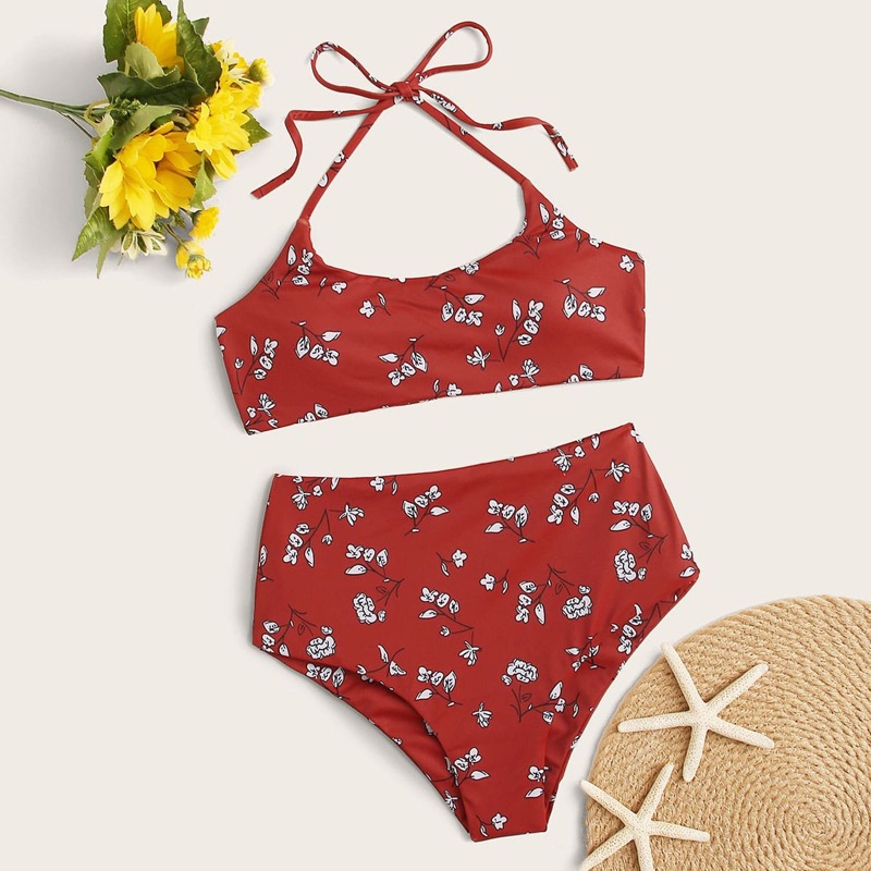 

Floral Random Print High Waist Bikini Set, Red