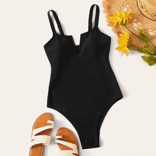 

Solid Adjustable Strap One Piece Swimwear, Black