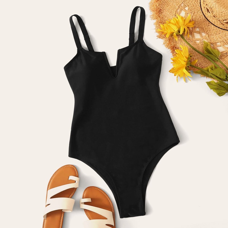

Solid Adjustable Strap One Piece Swimwear, Black