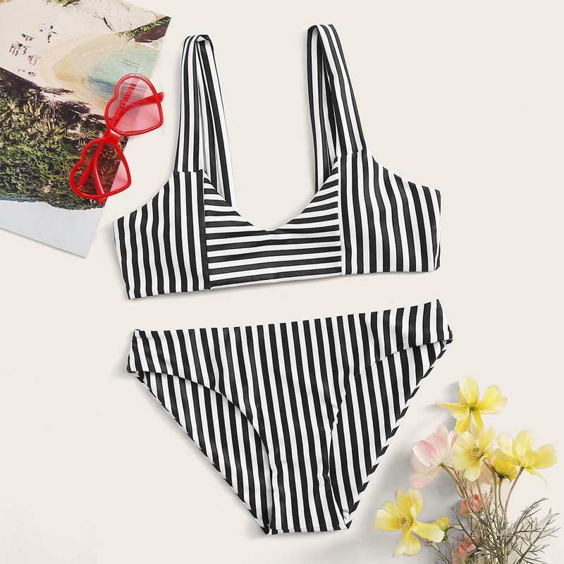 

Striped Bikini Set, Black and white