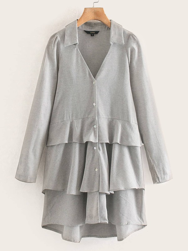 

Button Through Layered Ruffle Hem Shirt Dress, Grey