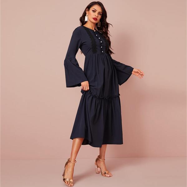

Appliques Frill Trim Swing A-line Dress, Navy blue