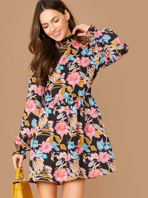 

Shirred Neckline Lantern Sleeve Floral Dress, Multicolor, Zorana