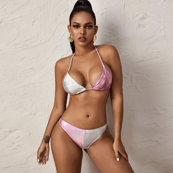 

PU Holographic Reflective Triangle Top With High Cut Bikini Set, Multicolor
